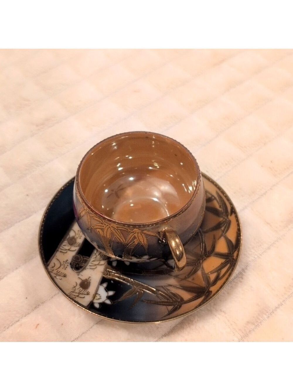 Vintage Moriage Mount Fuji Gold Hand Painted Shofu Tea Cup and Saucer Japan 2pc
